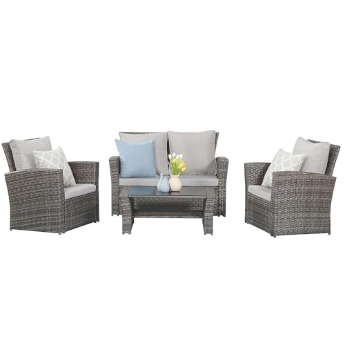 Wisteria Lane 4 Piece Outdoor Patio Furniture Set, Gray Rattan Sofa with Cushion P41861