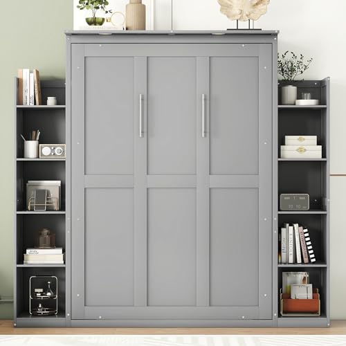 Merax Queen Size Wood Murphy Bed with LED Lights and Shelves, Grey K26344
