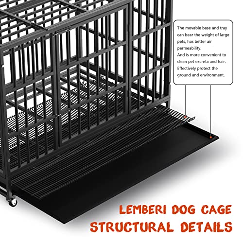 LEMBERI 48/38 inch Heavy Duty Dog Crate with Lockable Wheels, Double Door, Removable Tray Z823935