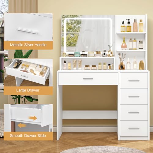 Quimoo Makeup Vanity Desk with Mirror & Lights, 5 Drawers, White Y954