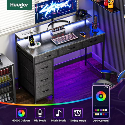 Huuger Gaming Desk with 6 Drawers, LED Lights, 47 Inch, Black N423283