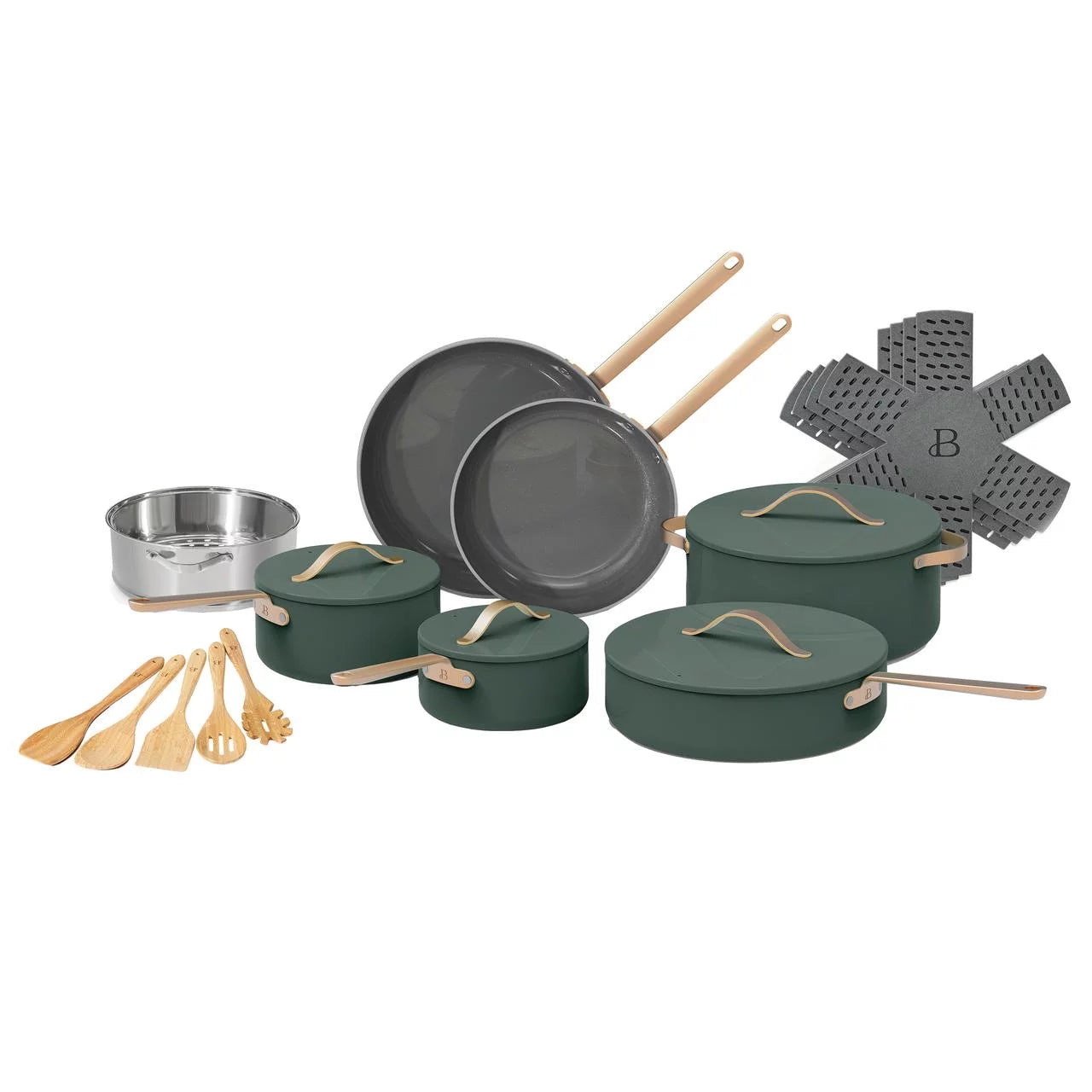 Beautiful 20pc Ceramic Non-Stick Cookware Set, Thyme Green by Drew Barrymore Y656
