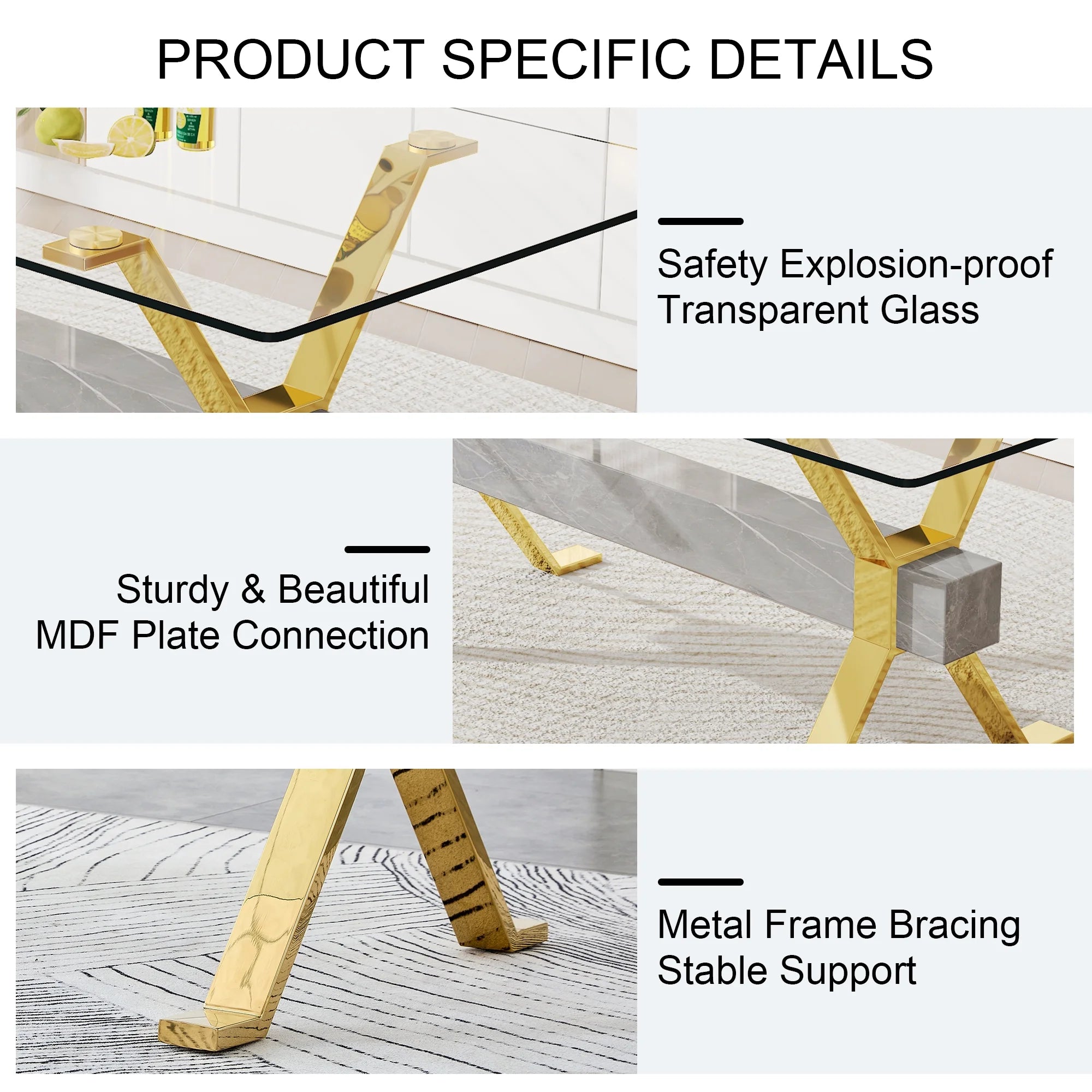 Modern tempered glass rectangular dining table with 6 white PU gold leg chairs V1592