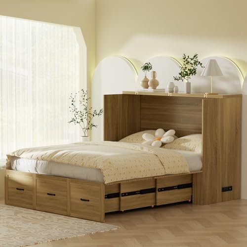 Murphy Bed Wood Wall Bed Cabinet with Drawer and USB Ports X615337
