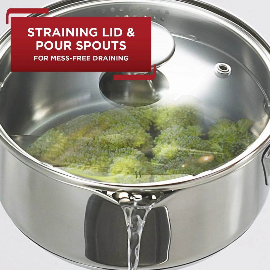 T-fal Cook & Strain Stainless Steel Sauce Pan with Lid, 3 Quart H295458