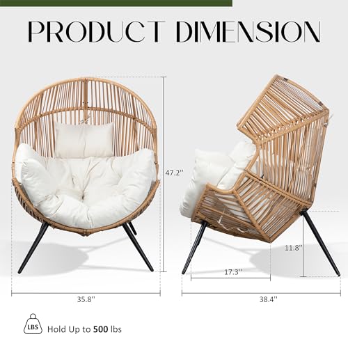 JAMFLY Egg Chair Wicker Outdoor Patio Lounger with Cushion, Beige O9160