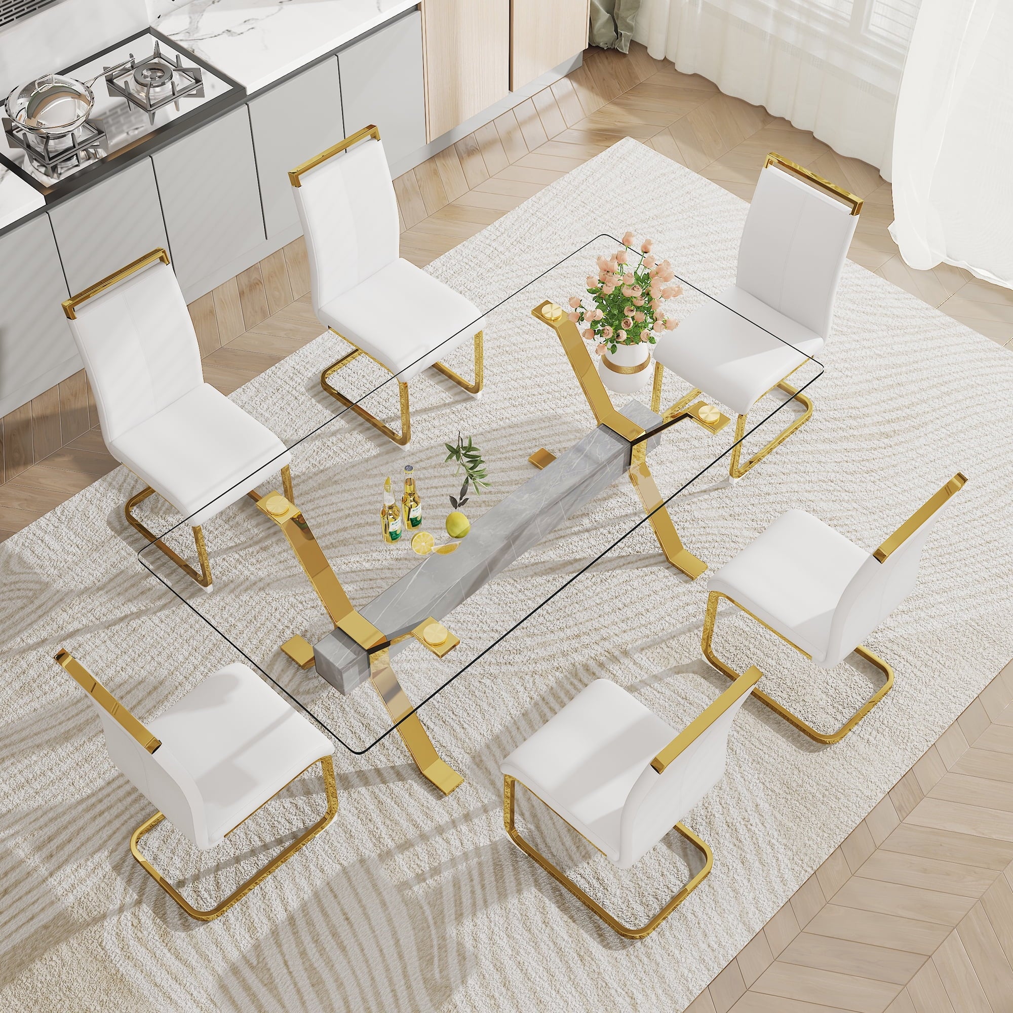 Modern tempered glass rectangular dining table with 6 white PU gold leg chairs V1592
