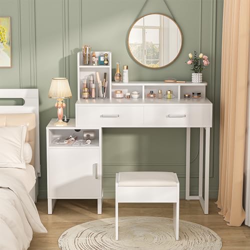 White Vanity Desk with Power Outlet and Storage Y378