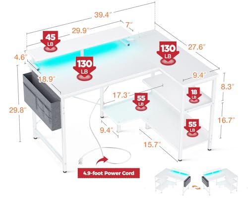ODK 48 Inch L Shaped Gaming Desk with USB Charging Ports and LED Lights S136