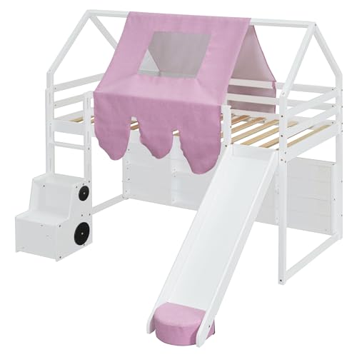 Harper & Bright Designs Kids Twin Low Loft Bed with Slide, Storage Shelves & Stairs, White/Pink C414827