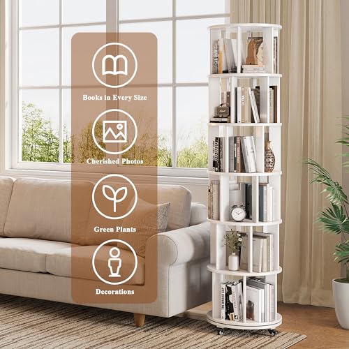6 Tier Rotating Bookshelf Tower with Swivel Wheels, Solid Wood, Walnut B588