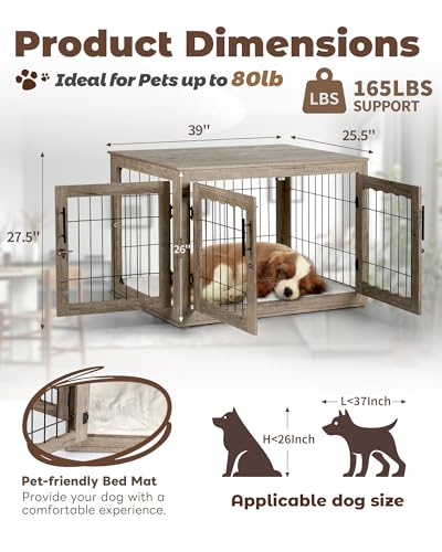 Wooden Dog Crate Furniture with Bed Mat, 32 Inch, 3 Doors, Greige X4054