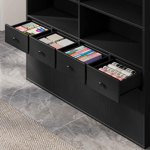 IRONCK 78.7" Bookcase with 4 Drawers and 4 Doors, 6 Tier, Vintage Black Z686086