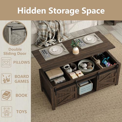 47.3" Lift Top Coffee Table with Storage and Barn Doors, White and Grey I616078
