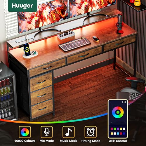 Huuger Gaming Desk with 6 Drawers, LED Lights, 47 Inch, Black N423283