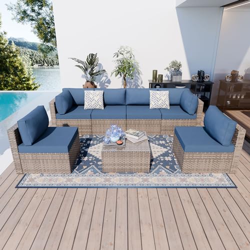 Shintenchi 5-Piece Outdoor Patio Sectional Sofa with Cushions and Glass Coffee Table, Aegean Blue U127322