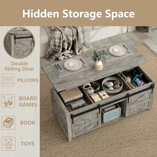 47.3" Lift Top Coffee Table with Storage and Barn Doors, White and Grey I616078