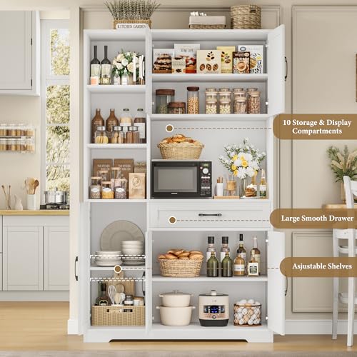 HOSTACK 71" Tall Kitchen Pantry Storage Cabinet with Microwave Stand, Barn Doors, Ash Grey H766476