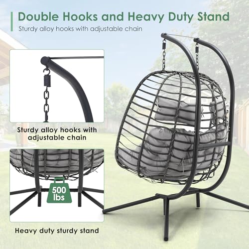 Double Egg Swing Chair with Stand, Rattan Wicker, UV Resistant Cushion, Metal Frame N439669