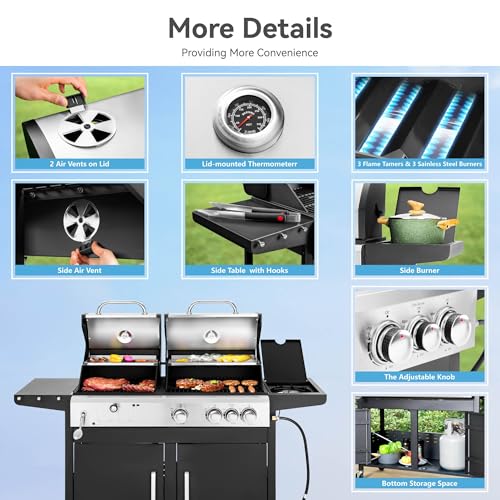 3 Burner Propane Charcoal Combo Grill with Side Burner, 685 SQIN W461