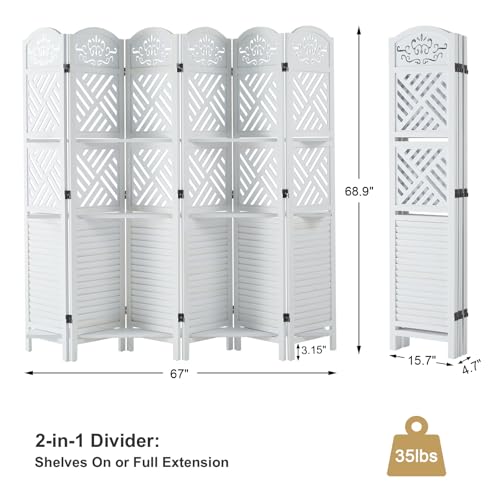 Folding Wood Room Divider with Shelves, 6 Panels, Natural K301
