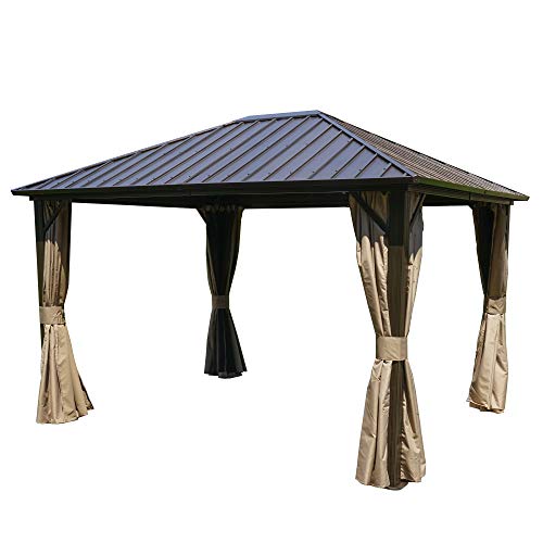 Kozyard 10'x12' Hardtop Gazebo with 2-Layer Sidewalls Curtains, Brown V967