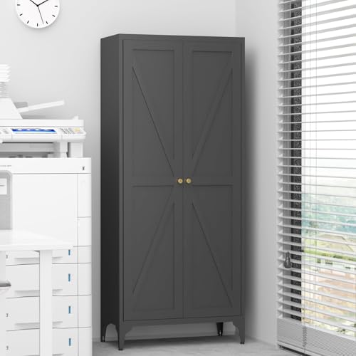 GREATMEET 65" Tall Kitchen Pantry Cabinet, White Metal Farmhouse Cupboard with Adjustable Shelves D202