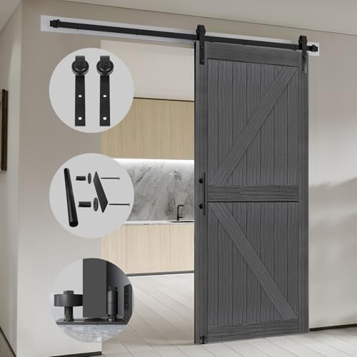 S&Z TOPHAND® 20 in x 84 in Elephant Gray British Brace Knotty Barn Door with 4FT Sliding Hardware Kit G149446