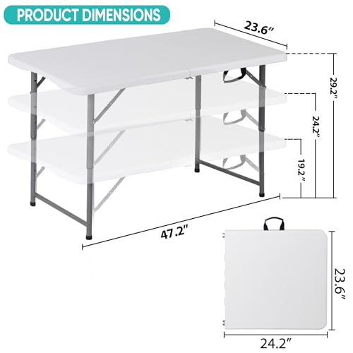 Portable 4 Foot Plastic Folding Table, Indoor Outdoor Heavy Duty with Carrying Handle, White I854764