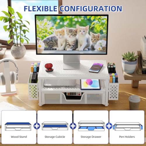 Simple Trending 2 Tier Metal Monitor Stand with Drawer and Pen Holder R17754