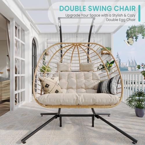 SWITTE Double Egg Swing Chair with Stand, Outdoor Patio Hanging Wicker Hammock with Cushion, Dark Grey X8839