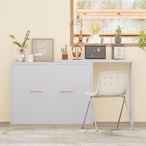 Twin Murphy Bed with Mattresses and Adjustable Desk, White L560588
