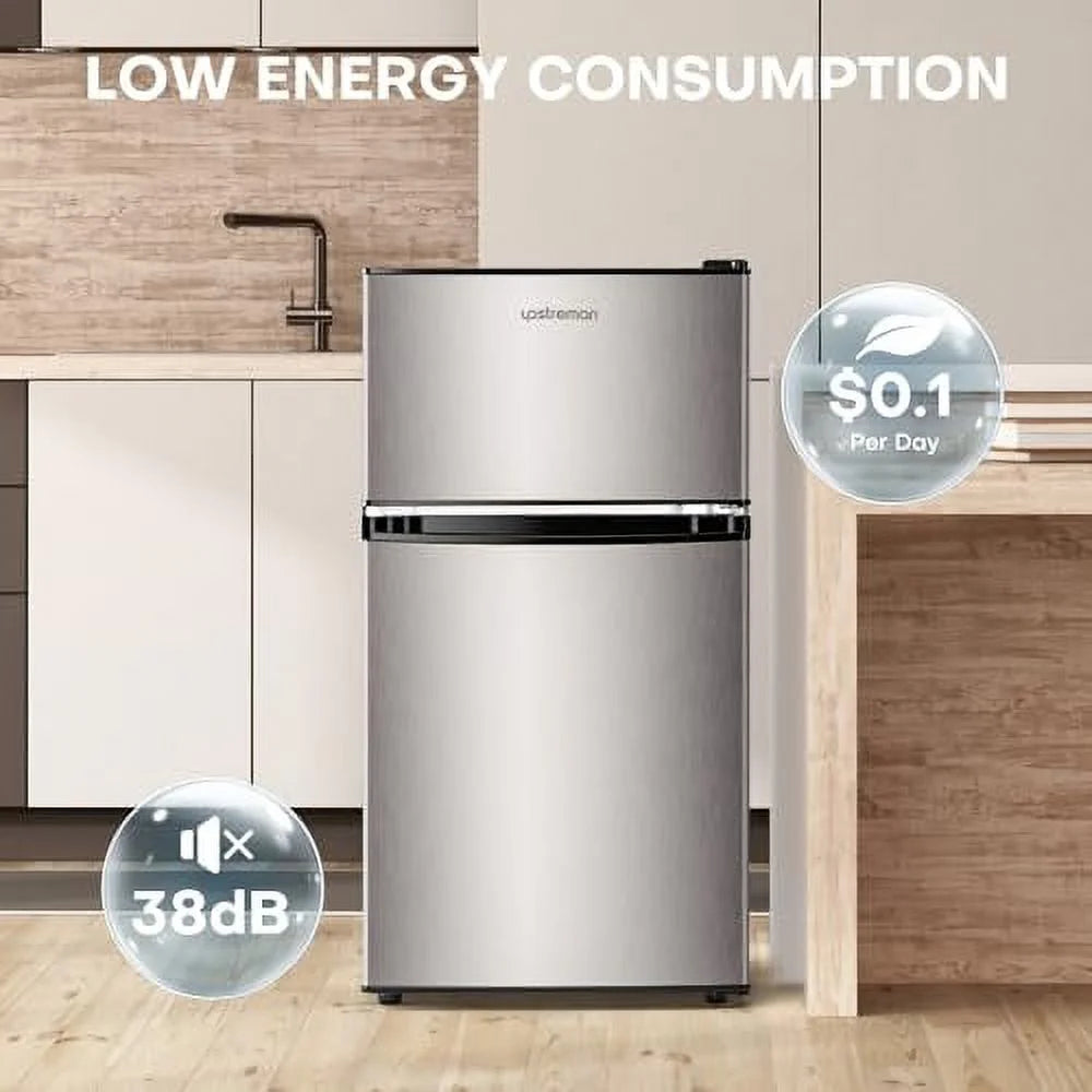 Upstreman 3.2 Cu.Ft Mini Fridge with Freezer, Double Door, Stainless V810808