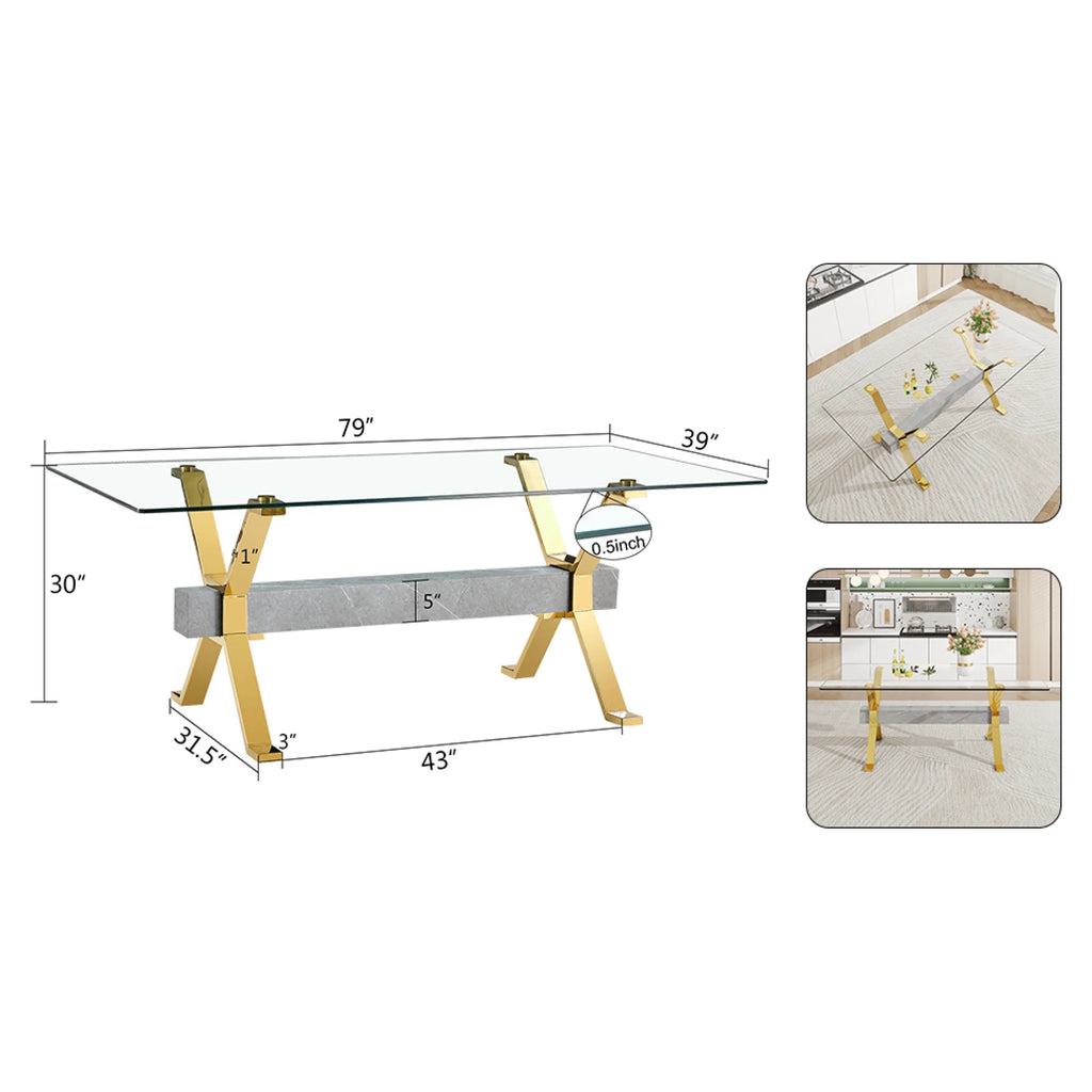 Modern tempered glass rectangular dining table with 6 white PU gold leg chairs V1592