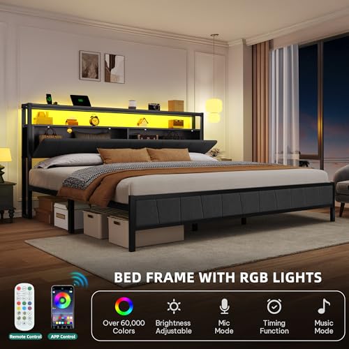 YITAHOME Queen Bed Frame with Storage Headboard, LED, Charging Station, Gray X281055
