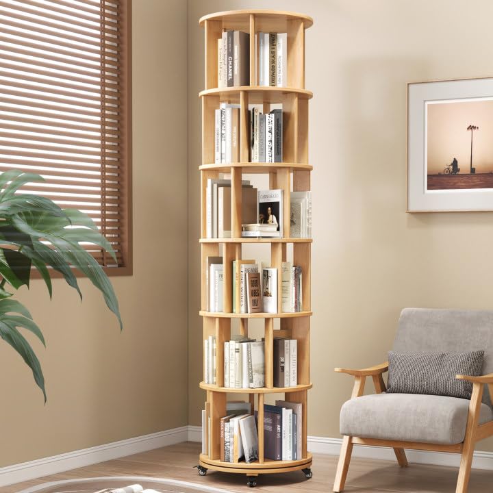 6 Tier Rotating Bookshelf Tower with Swivel Wheels, Solid Wood, Walnut B588