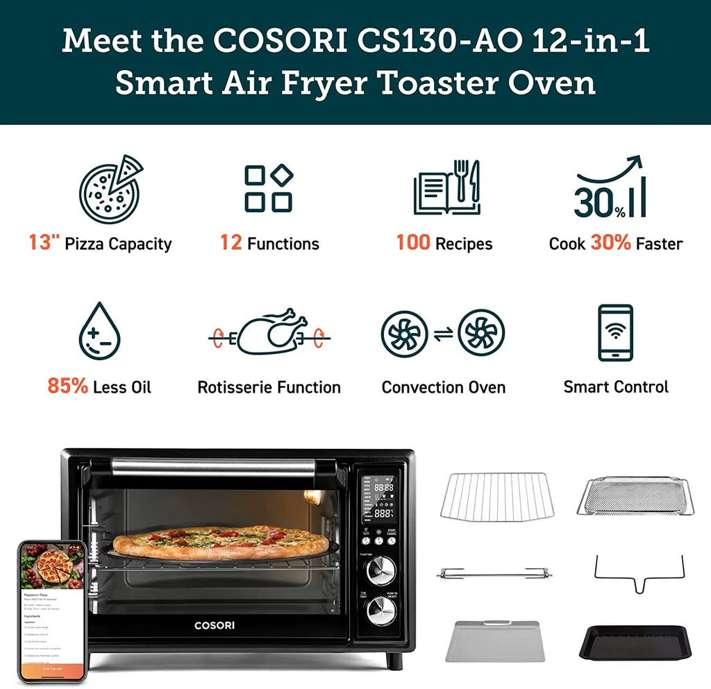 COSORI Smart Air Fryer Toaster Oven, 32-Quart, Stainless Steel, Black K7379