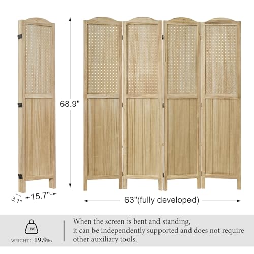 Pegboard Display 5.6Ft Wooden Room Divider Folding Privacy Screen Freestanding Wall Organizer, 4 Panels, Natural C603