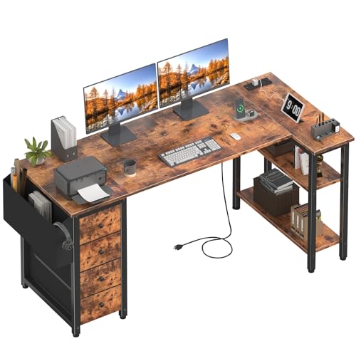 Lufeiya L Shaped Gaming Desk with Drawers & Power Outlet, Black A39519