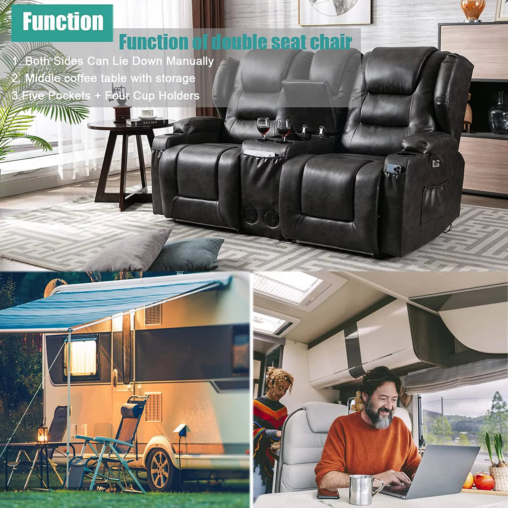 IPKIG Electric Home Theater Seating Power Recline Chair Loveseat RV Sofa with Console, 67" Double Recliner 2-Seater V603082