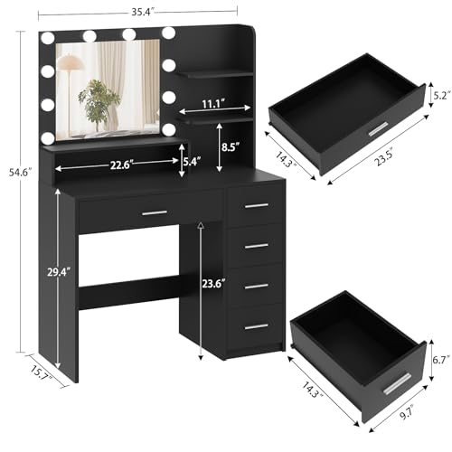 Quimoo Makeup Vanity Desk with Mirror & Lights, 5 Drawers, White Y954
