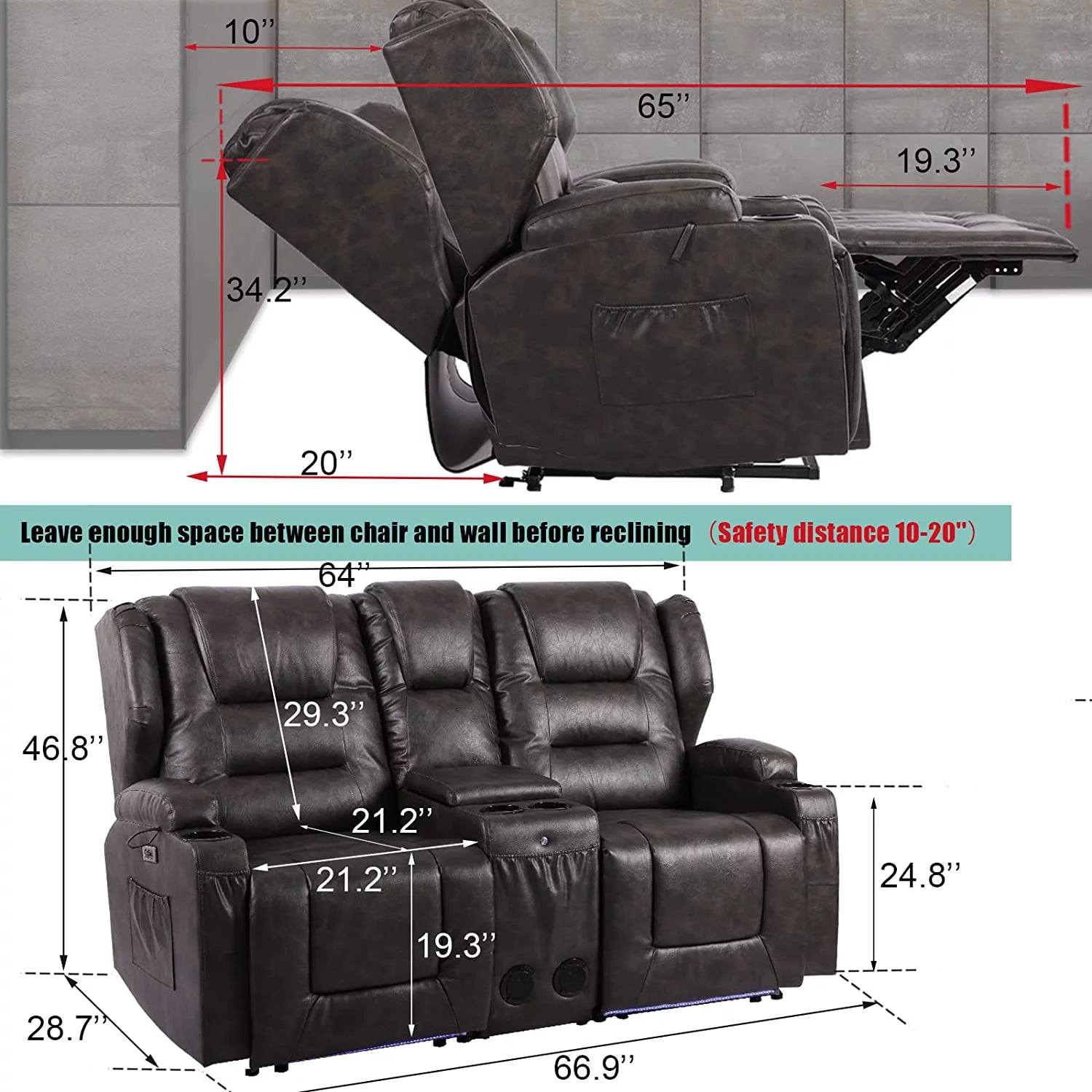 IPKIG Electric Home Theater Seating Power Recline Chair Loveseat RV Sofa with Console, 67" Double Recliner 2-Seater V603082