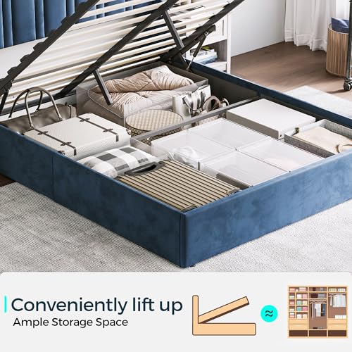 LINSY Lift Up Storage Queen Bed Frame with LED Lights and Charging Station, Dark Grey I29937