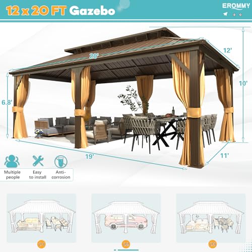 EROMMY 14'x20' Hardtop Gazebo Double Roof Galvanized Steel Outdoor Pavilion G3084