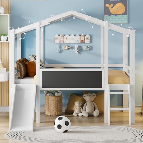 Harper & Bright Designs Kids Twin Low Loft Bed with Slide, Storage Shelves & Stairs, White/Pink C414827