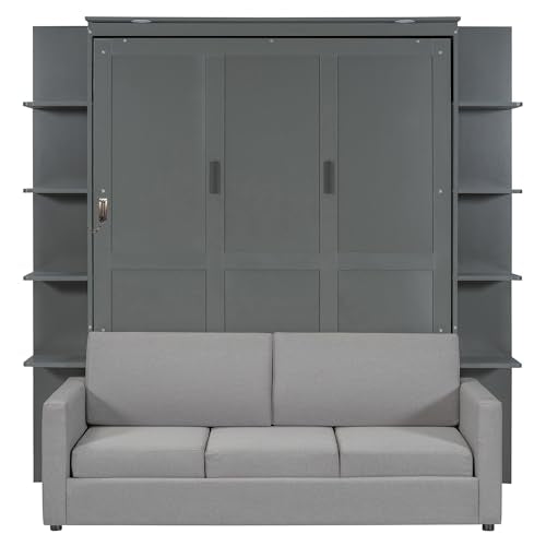 PURLOVE Queen Murphy Bed with Sofa, Wood Slat Support, Gray E27008