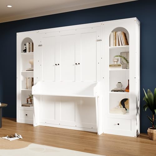 Merax Queen Murphy Bed Wall Bed with Sofa and Cushion, White V57291