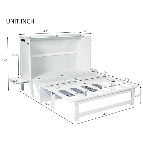 Queen Murphy Bed with Desk and Removable Shelves, USB Port, White H566492