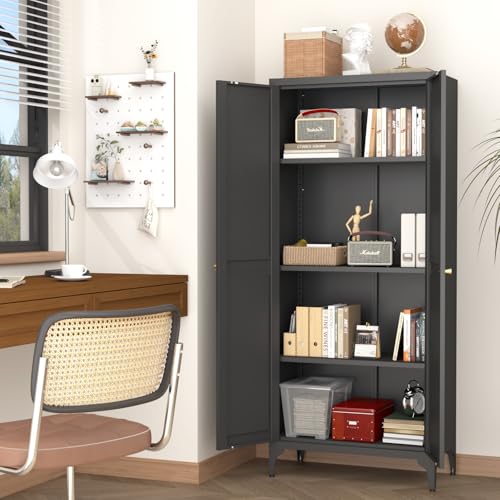 GREATMEET 65" Tall Kitchen Pantry Cabinet, White Metal Farmhouse Cupboard with Adjustable Shelves D202