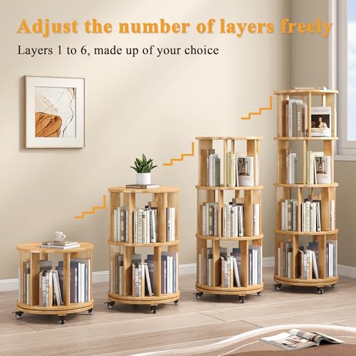 6 Tier Rotating Bookshelf Tower with Swivel Wheels, Solid Wood, Walnut B588